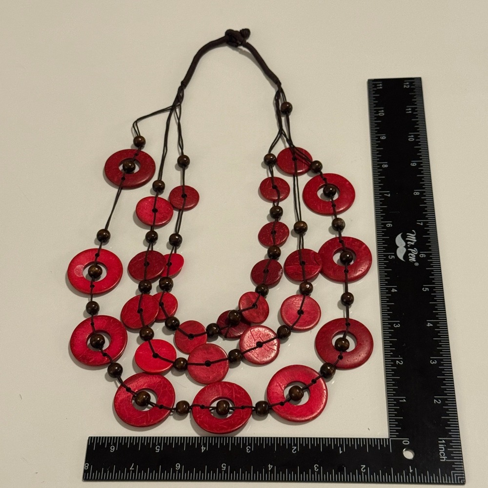 Red Wooden Layered Statement Necklace Macrame Beaded Boho‎ Tribal Womens Jewelry